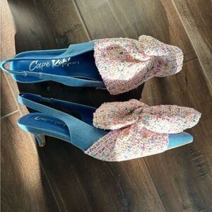 Cape Robbin Denim & Pink Tweed Bow Slingback Heels